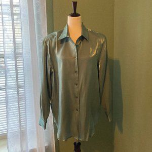Karen Scott Women's Shimmering Teal Blouse Size L Buttoned Shoulder Pads